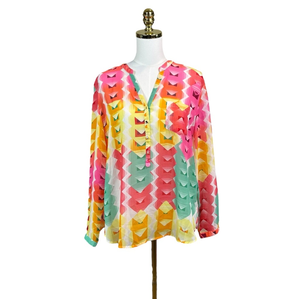 Woman’s Salon Studio semi sheer multicolor long sleeve tunic top size L